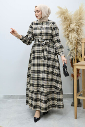 Önden Düğmeli Ekose Elbise TSD260131 Camel - 3