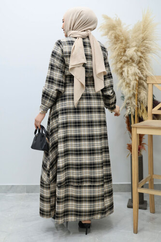 Önden Düğmeli Ekose Elbise TSD260131 Camel - 6