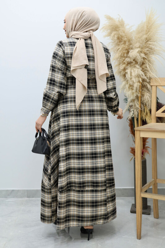 Önden Düğmeli Ekose Elbise TSD260131 Camel - 6