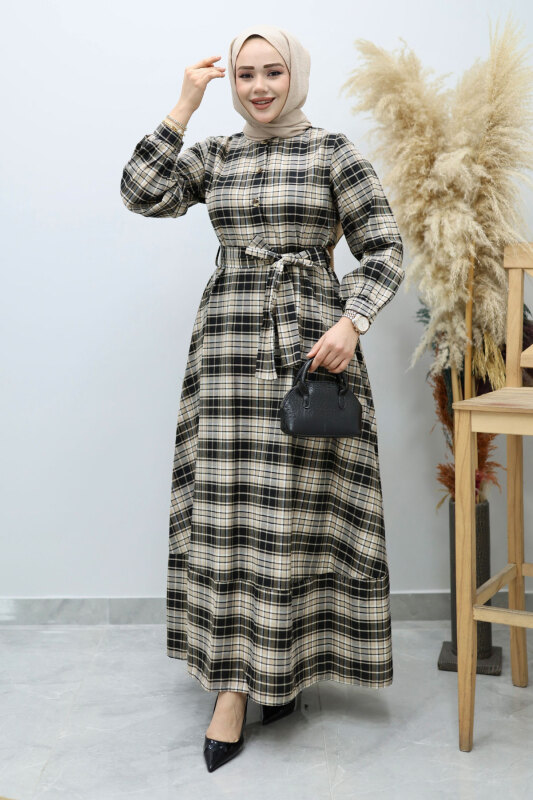 Önden Düğmeli Ekose Elbise TSD260131 Camel - 5