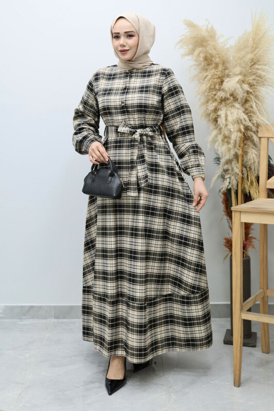 Önden Düğmeli Ekose Elbise TSD260131 Camel - 1