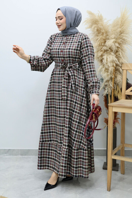 Önden Düğmeli Ekose Elbise TSD260131 Gri - Tesettür Dünyası
