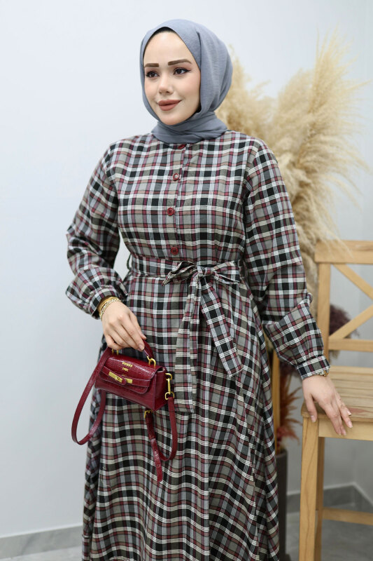 Önden Düğmeli Ekose Elbise TSD260131 Gri - Tesettür Dünyası (1)