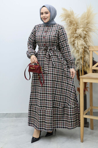 Önden Düğmeli Ekose Elbise TSD260131 Gri - 3