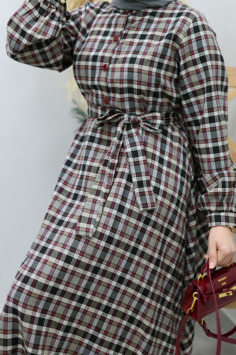 Önden Düğmeli Ekose Elbise TSD260131 Gri - 4