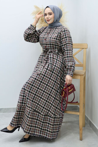 Önden Düğmeli Ekose Elbise TSD260131 Gri - 5