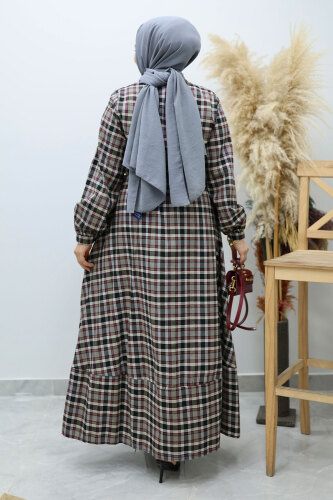 Önden Düğmeli Ekose Elbise TSD260131 Gri - 6