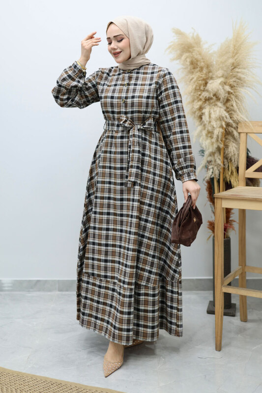 Önden Düğmeli Ekose Elbise TSD260131 Kahverengi - 3