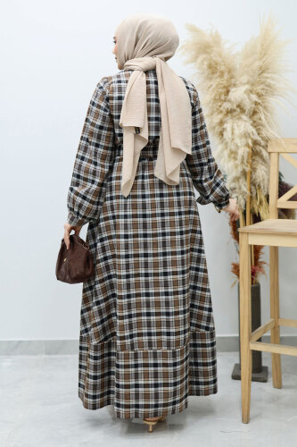 Önden Düğmeli Ekose Elbise TSD260131 Kahverengi - 6