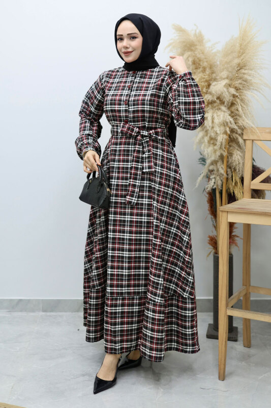 Önden Düğmeli Ekose Elbise TSD260131 Kırmızı - Tesettür Dünyası