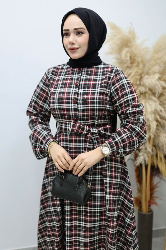 Önden Düğmeli Ekose Elbise TSD260131 Kırmızı - Tesettür Dünyası (1)