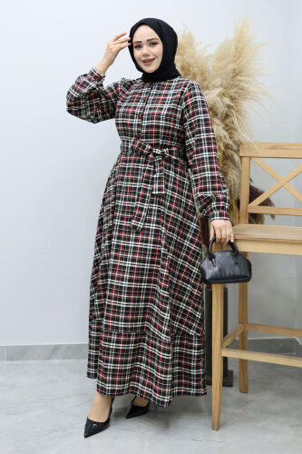 Önden Düğmeli Ekose Elbise TSD260131 Kırmızı - 3