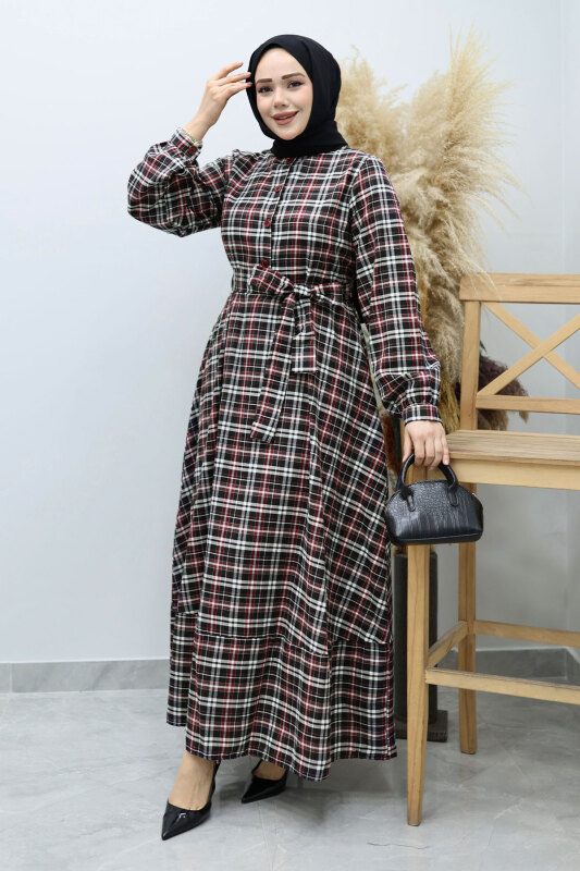 Önden Düğmeli Ekose Elbise TSD260131 Kırmızı - 3