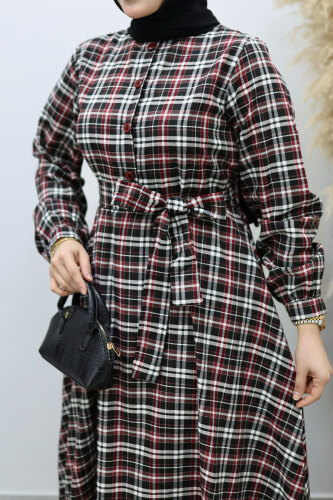 Önden Düğmeli Ekose Elbise TSD260131 Kırmızı - 4