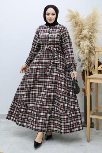 Önden Düğmeli Ekose Elbise TSD260131 Kırmızı - 5