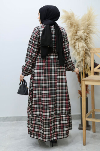 Önden Düğmeli Ekose Elbise TSD260131 Kırmızı - 6