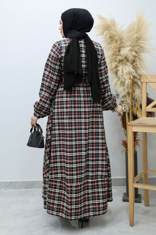 Önden Düğmeli Ekose Elbise TSD260131 Kırmızı - 6