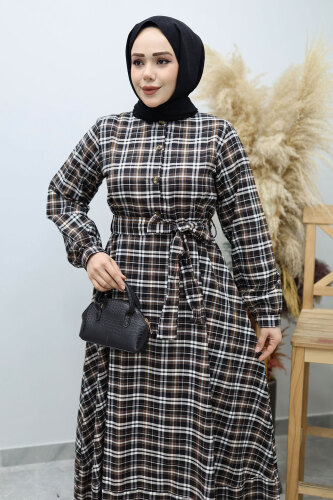 Önden Düğmeli Ekose Elbise TSD260131 Siyah - 2