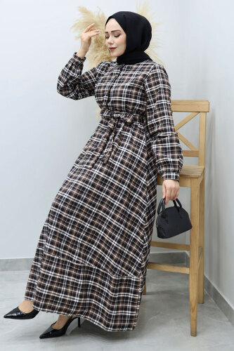 Önden Düğmeli Ekose Elbise TSD260131 Siyah - 3