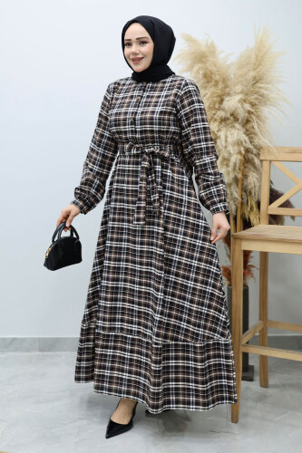 Önden Düğmeli Ekose Elbise TSD260131 Siyah - 5