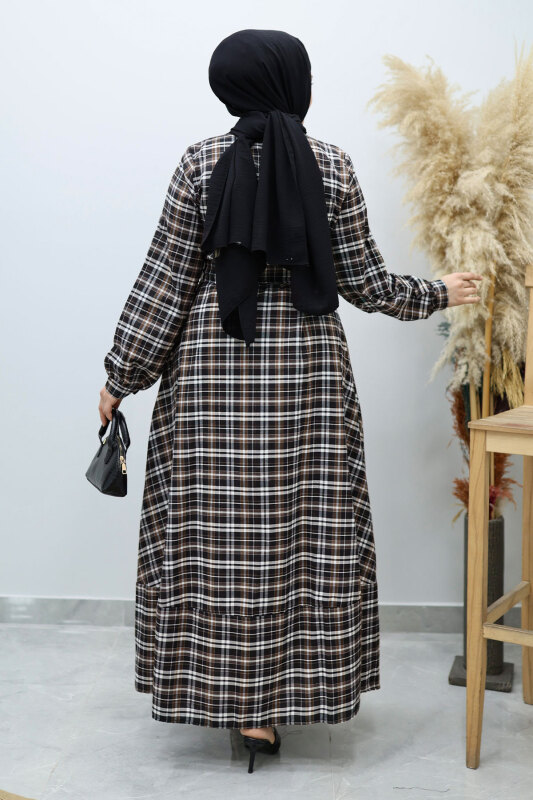 Önden Düğmeli Ekose Elbise TSD260131 Siyah - 6