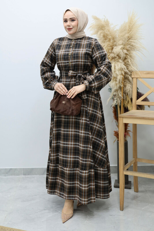 Önden Düğmeli Ekose Elbise TSD260131 Taba - Tesettür Dünyası