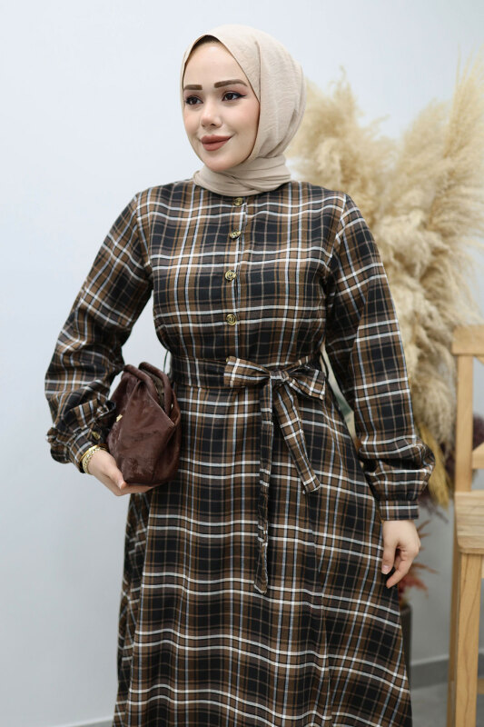 Önden Düğmeli Ekose Elbise TSD260131 Taba - Tesettür Dünyası (1)