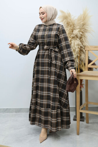 Önden Düğmeli Ekose Elbise TSD260131 Taba - 3