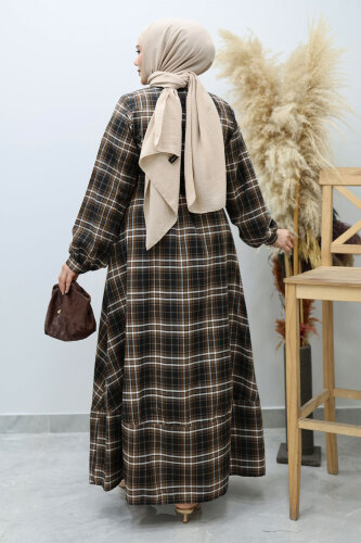 Önden Düğmeli Ekose Elbise TSD260131 Taba - 6