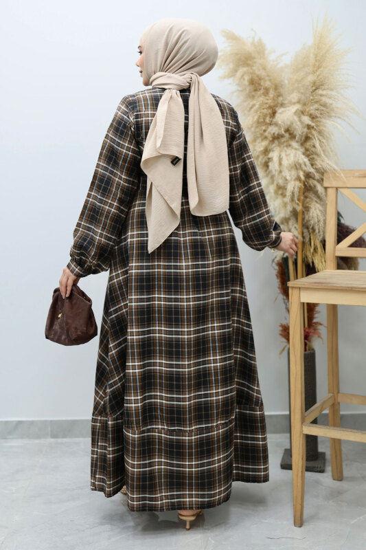 Önden Düğmeli Ekose Elbise TSD260131 Taba - 6