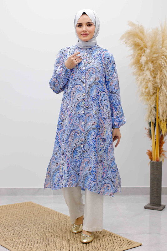Önden Düğmeli İkili Takım TSD250266 Mavi - Tesettür Dünyası