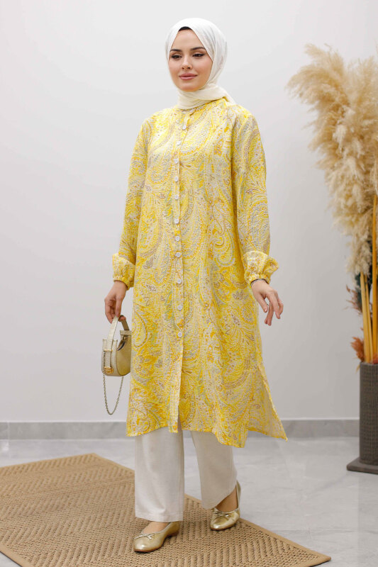 Önden Düğmeli İkili Takım TSD250266 Sarı - Tesettür Dünyası