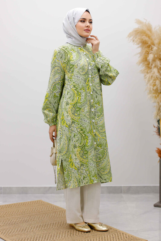 Önden Düğmeli İkili Takım TSD250266 Yeşil - Tesettür Dünyası