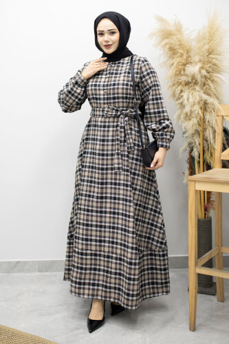 Önden Dümeli Ekose Elbise TSD260131 Taş Rengi - 3