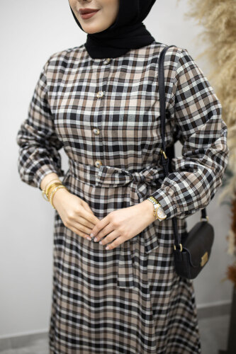 Önden Dümeli Ekose Elbise TSD260131 Taş Rengi - 4