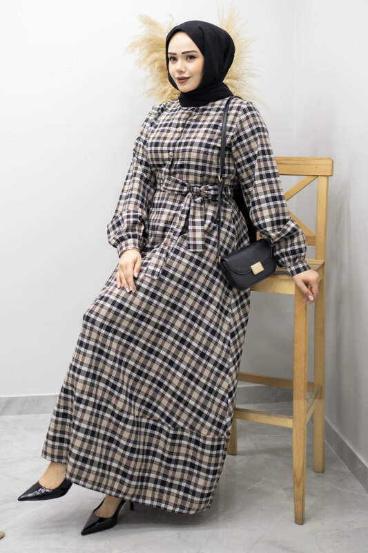 Önden Dümeli Ekose Elbise TSD260131 Taş Rengi - 5