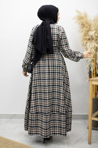 Önden Dümeli Ekose Elbise TSD260131 Taş Rengi - 6