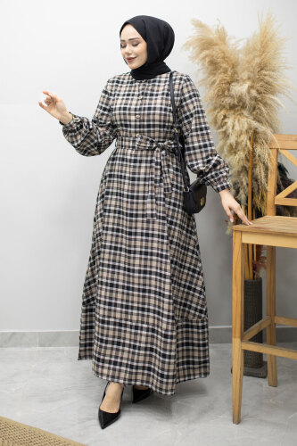 Önden Dümeli Ekose Elbise TSD260131 Taş Rengi - 1