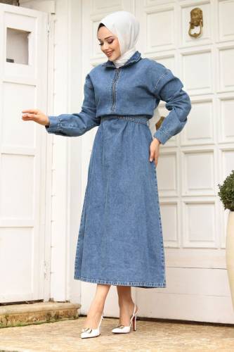 Önden Yarım Fermuarlı Kemerli Kot Elbise TSD240252 Mavi - 4