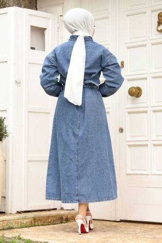 Önden Yarım Fermuarlı Kemerli Kot Elbise TSD240252 Mavi - 5