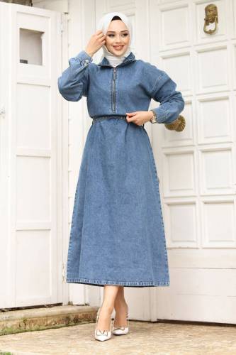 Önden Yarım Fermuarlı Kemerli Kot Elbise TSD240252 Mavi - 1