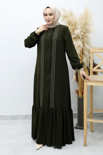 Önü Biyeli Volanlı Tesettür Ferace TSD260143 Haki 