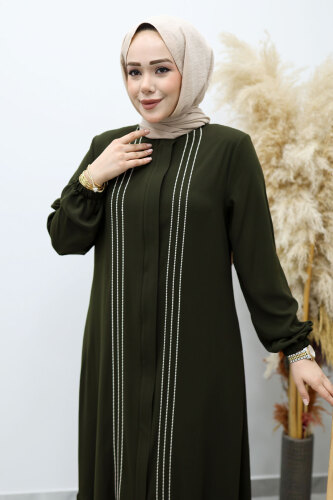 Önü Biyeli Volanlı Tesettür Ferace TSD260143 Haki - 2