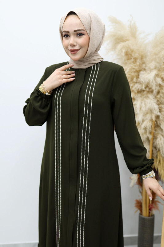 Önü Biyeli Volanlı Tesettür Ferace TSD260143 Haki - Tesettür Dünyası (1)