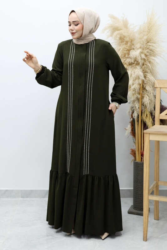 Önü Biyeli Volanlı Tesettür Ferace TSD260143 Haki - 3