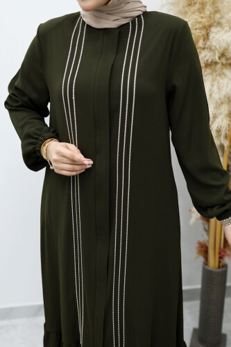 Önü Biyeli Volanlı Tesettür Ferace TSD260143 Haki - 4