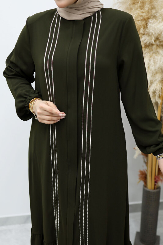 Önü Biyeli Volanlı Tesettür Ferace TSD260143 Haki - 4