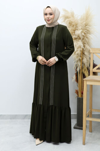 Önü Biyeli Volanlı Tesettür Ferace TSD260143 Haki - 5
