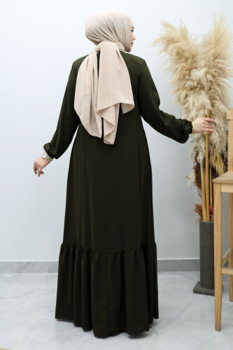 Önü Biyeli Volanlı Tesettür Ferace TSD260143 Haki - 6