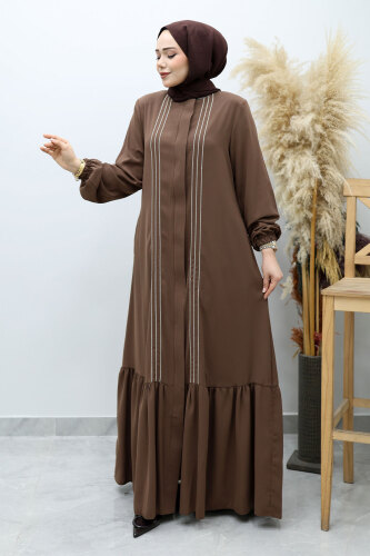 Önü Biyeli Volanlı Tesettür Ferace TSD260143 Kahverengi 